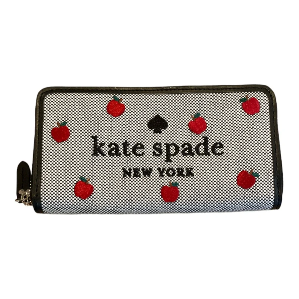 Kate Spade Apple Embroidered Toss Zip Around Wallet Black White Red